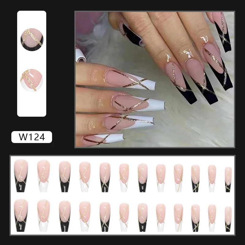 Black Gold Press On Nails Short Medium Coffin, French Tip Fake Nails For  Women With Glossy Glitter Design, Acrylic Square Glue On Nails, False Nails  S | Fruugo FI