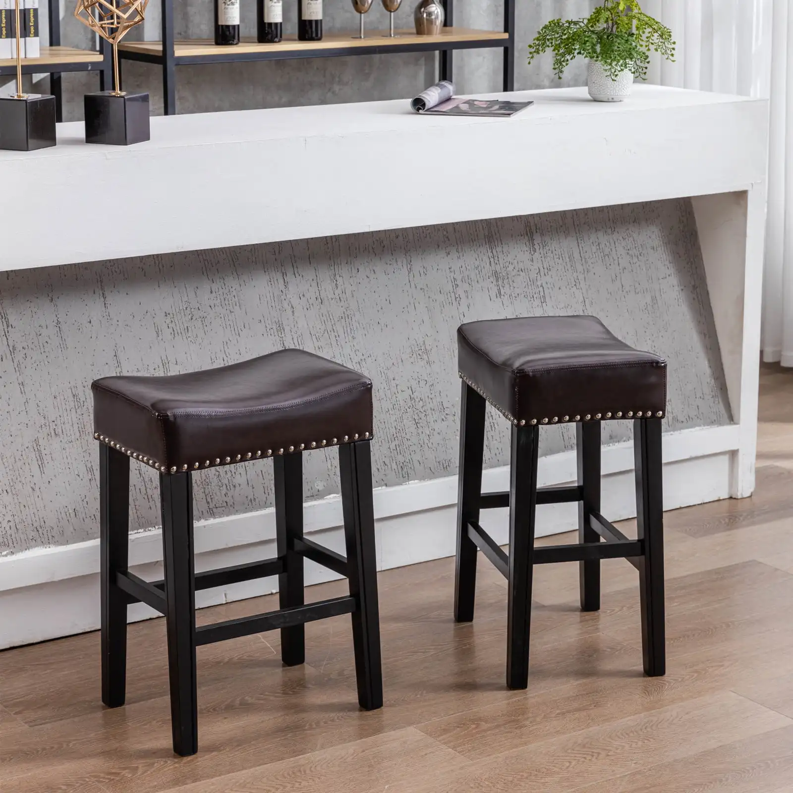 

Set of 2 Counter Height Bar Chairs 26" Barstool PU Leather Saddle Stools Brown