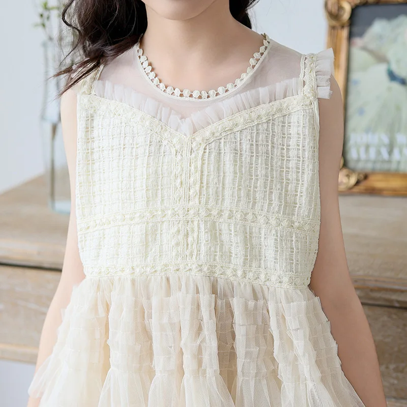 Tulle Tiered Dress for Girls 2025 New Summer Sleeveless Vest Princess Dress Daily Party Holiday Beige Teenage Children Clothes - Image 6