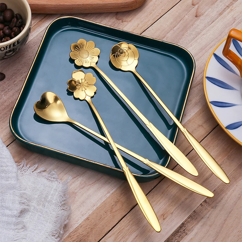 4Pcs/Set Mixing Spoons Small Flower Teaspoon Stainless Steel Coffee Spoon Cute Ice Cream Dessert Spoon Kitchen Accessories