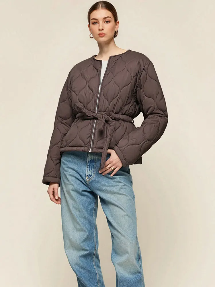 HH Autumn Winter Women Solid Quilted Coats Long Sleeve O Neck Zipper Jacket With Belts Fashion Casual Office Lady Warm Outwear