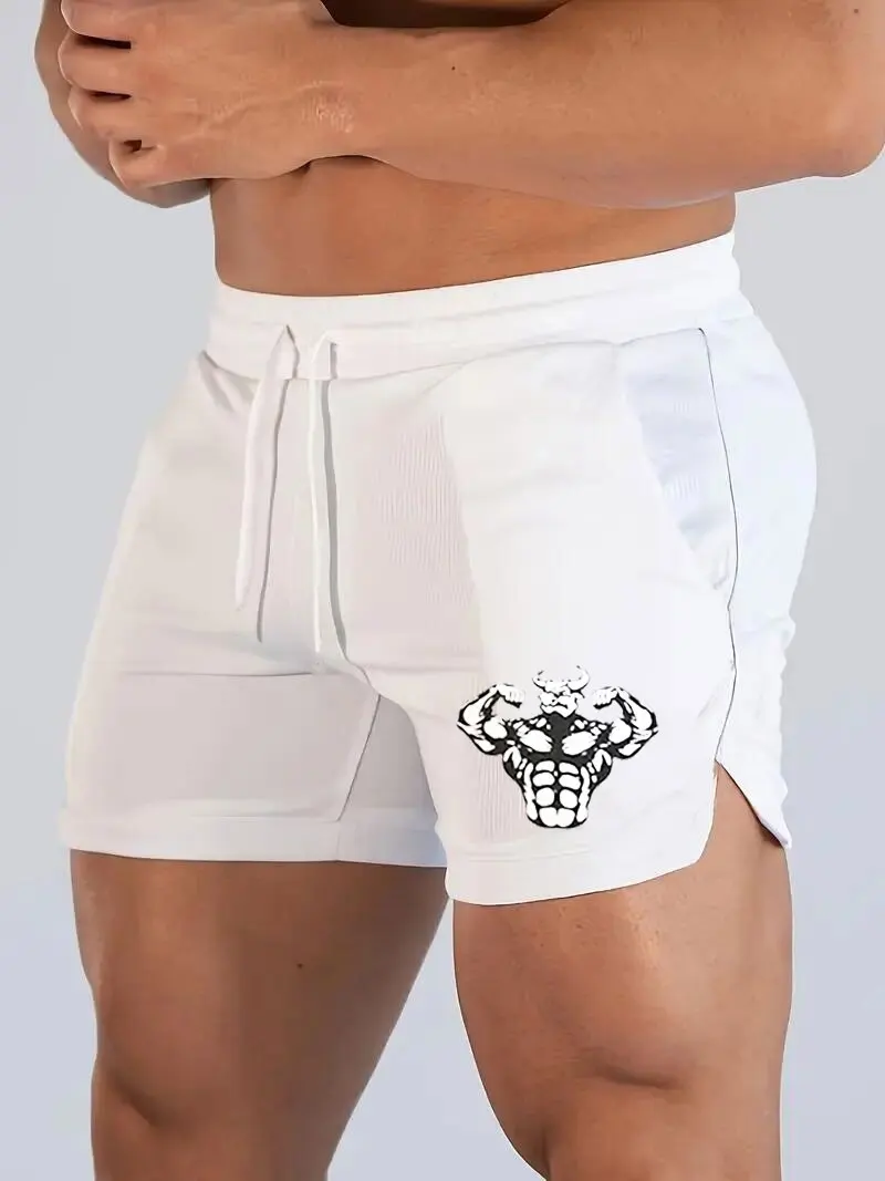 Men's Bull Head Pattern Sports Shorts with Drawstrings - Quick-Drying and Breathable, Suitable for Running and Training, Casual and Outdoor Wear, Patterns, Fitness, Sports Style, Beach Occasions, Sports Occasions, Football Party Occasions, Beach Party Occasions, Regular Version, Spring/Summer 2