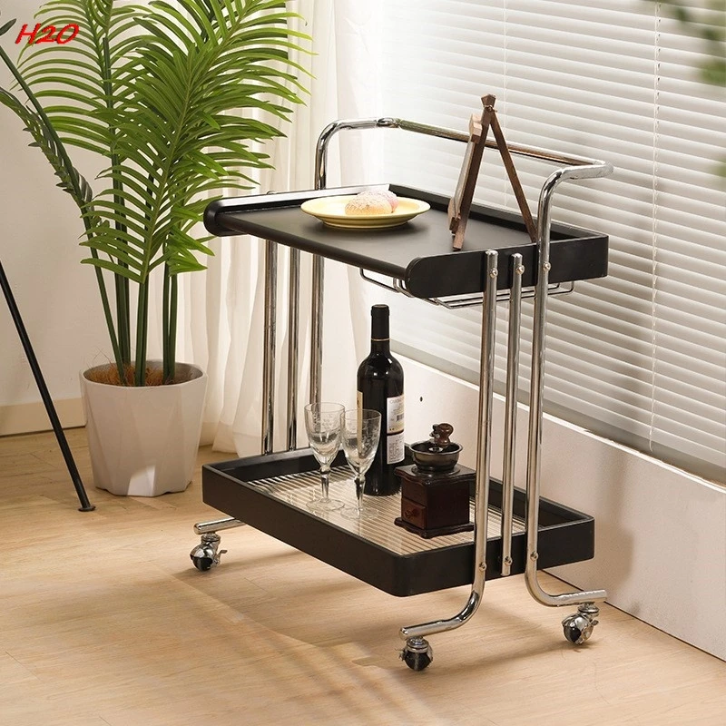 H2O HOUSE Mid Ancient Style Small Cart Storage Rack Movable Edges Living Room Solid Wood Retro Snacks Meals Lathe Cabinet