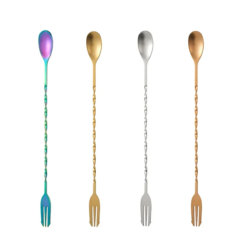 Stainless Steel Bar Stir Spoon Cocktail Spiral Pattern Mixing With Muddler For tender Metal Gold Accessories