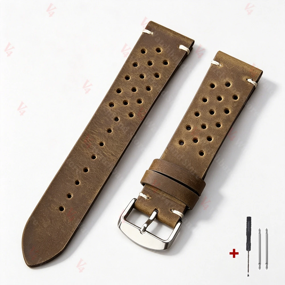 Handmade Dark Brown Vintage Racing Leather Watch Strap - Breathable and Porous Design