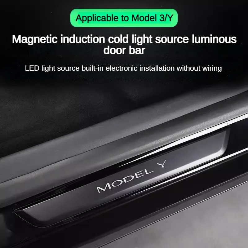 

Black Four Piece Set for 2023 Tesla Model Y Model 3 Illuminated Door Sills Welcome Scuff Plates for Tesla Door Sill Lights