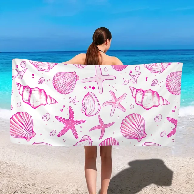1pc ocean element beach towel, shell starfish printed large beach towel, outdoor swimming, vacation, camping beach towel 2