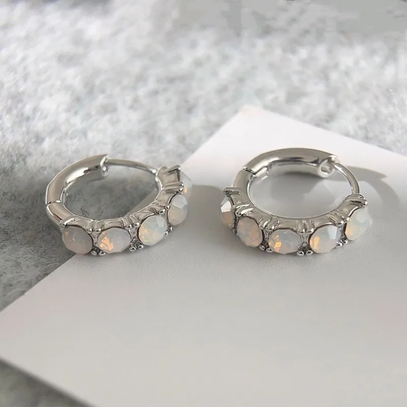 Elegant Natural Opal Rhinestone Hoop Earrings for Women Ins Silver Color Zircon New Trend Earring Jewelry Gifts