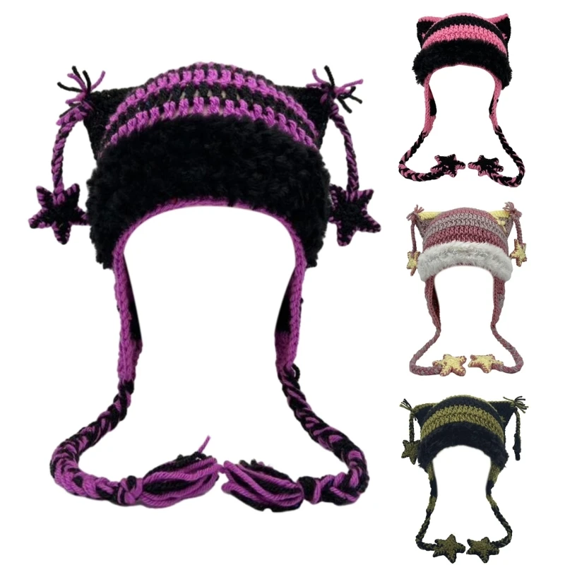 

Girls Kitten Hat Y2K Cat Ears Hat Striped Kitten Gifts Warm Crocheted Hat Adult Children Striped Hat Photo Props M6CD