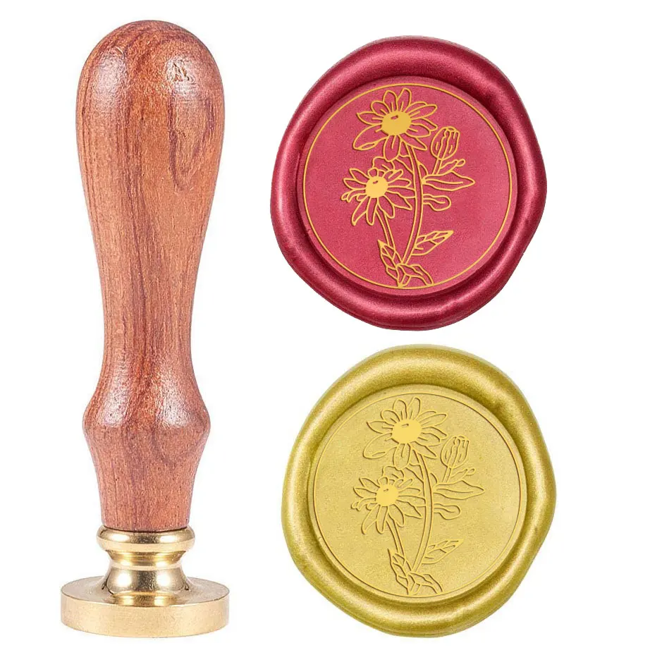 

1PC 25mm Daisy Pattern DIY Wood Wax Seal Stamp Removable Sealing Stamp with Brass Head and Wood Handle for Wedding Invitation