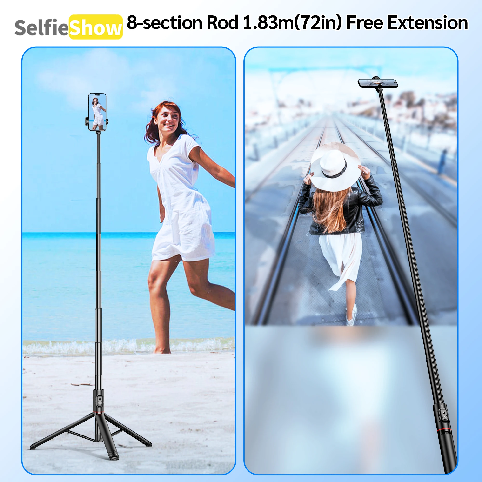 Selfie Stick Wireless Bluetooth Stable Tripod 72 Inch Aluminum Alloy Portable Stand Stabilizer Tripe iOS Android Cellphone