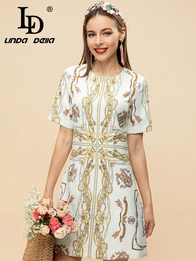 

LD LINDA DELLA Fashion Runway Summer Short Dress Women's Short Sleeve Gorgeous Crystal Beading Print Vintage Mini Dress