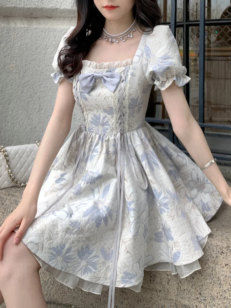 

QWEEK, милое платье в стиле «лолита» с цветочным принтом, Бандажное Летнее мини-платье в стиле мори с короткими рукавами, модель 2023 года