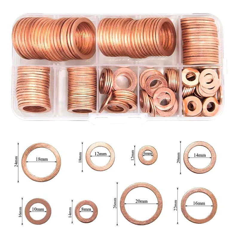 150PC 구리 와셔 오일 씰 개스킷 M20 플랫 와셔 O-링 씰 모음 키트, 섬프 플러그용 박스 M6 M8 M10 M12 M14 M16 M18