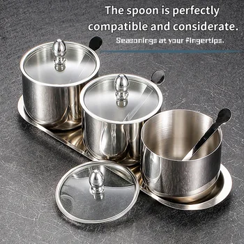 Stainless steel seasoning jar set, spice container with glass lid and spoon, suitable for pepper, salt, spices, candy 1