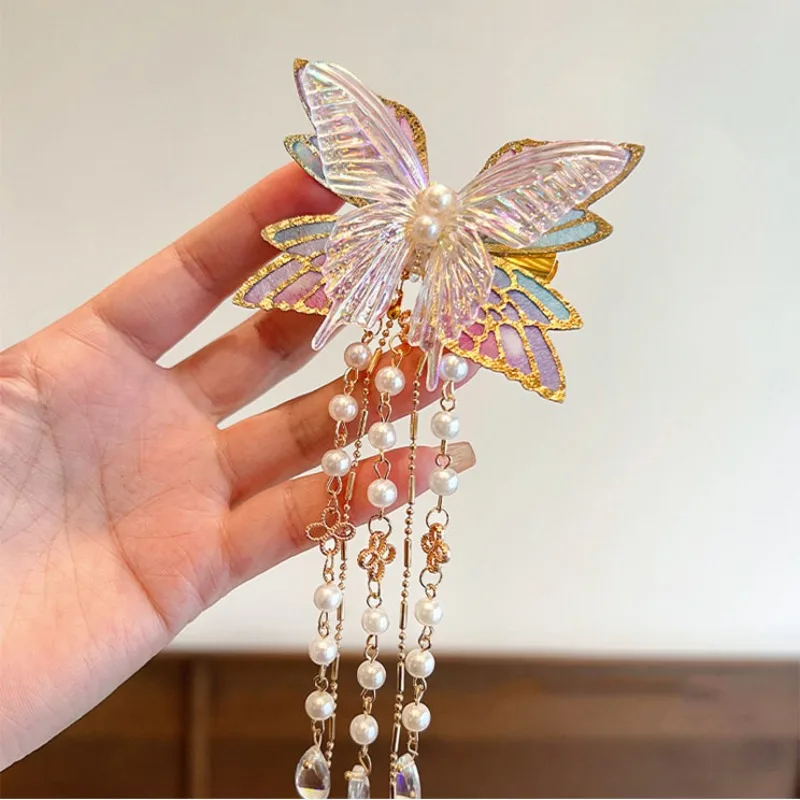 Advanced Crystal Butterfly Children's Hair Clip, Half Tied Tassel, Girls' Hanfu, Head Back, Hair Side Clip Beautiful Princess