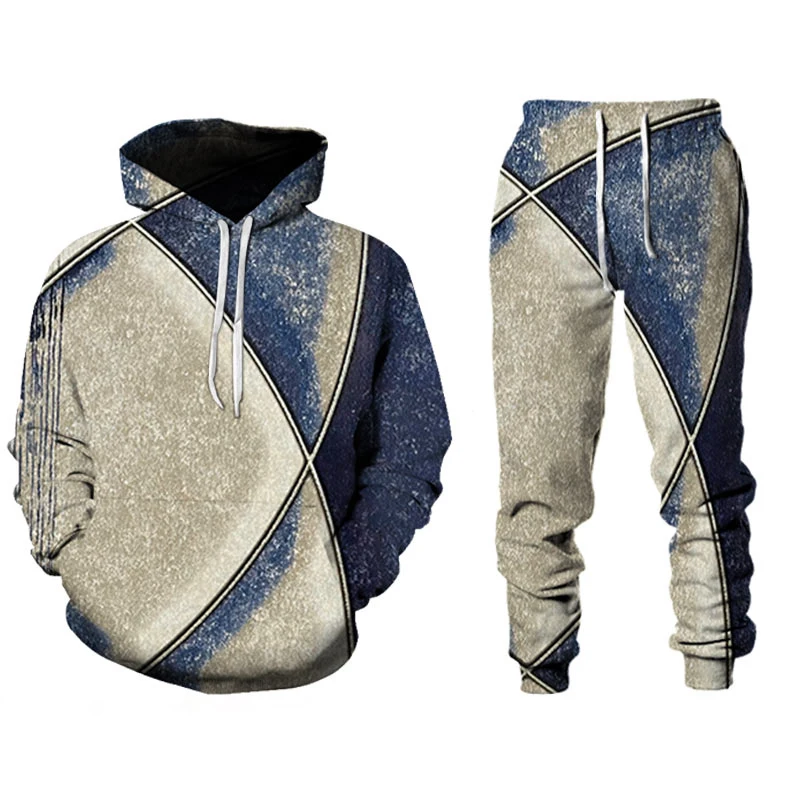 

New Hip Hop 3D Plaid Line Print Long Sleeve Hoodie+Pants Suit Streetwear 2 Piece Sets Spring Autumn Sportwear Men Tracksuit