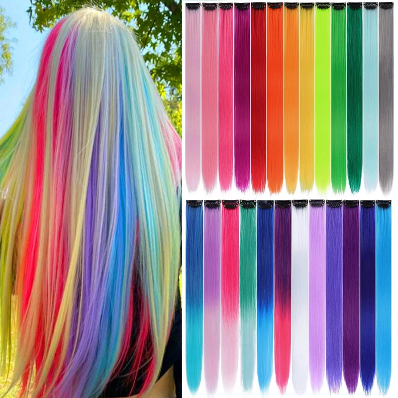 Colored Hair Extensions Multi-Color Party Highlights Clip in Hair Extensions Synthetic 22 inch Colorful Straight Kids Hairpieces