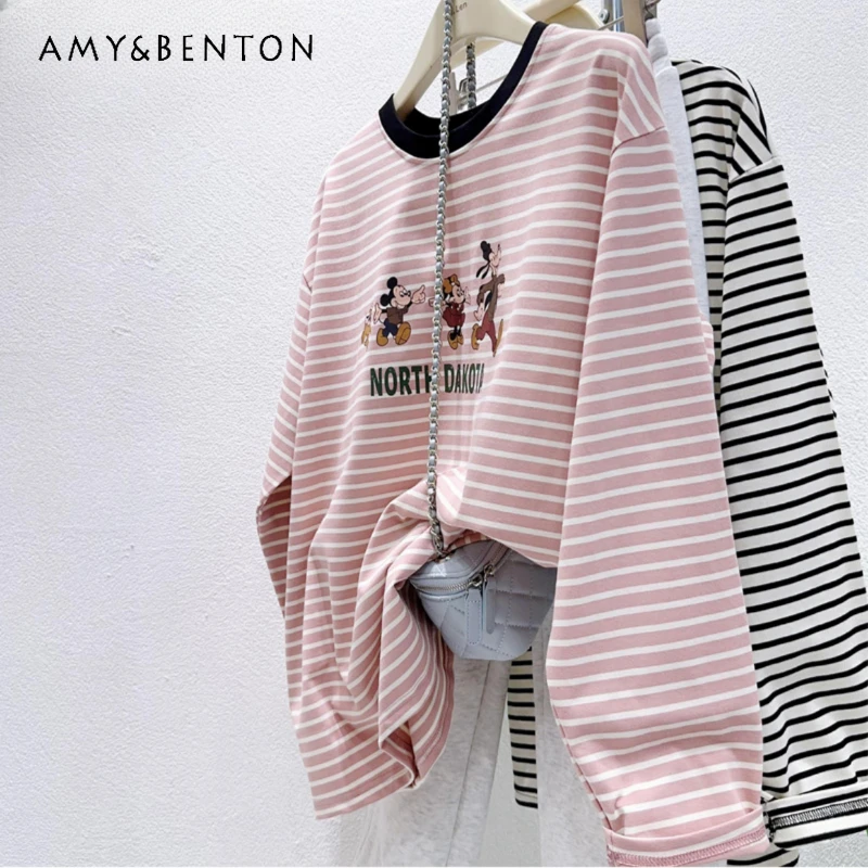 

Potdemiel Spring Age-Reducing Cartoon Top Ins Milk Comfort Soft Pure Cotton Pink Striped Long Sleeve O-Neck Tees Sudaderas Mujer