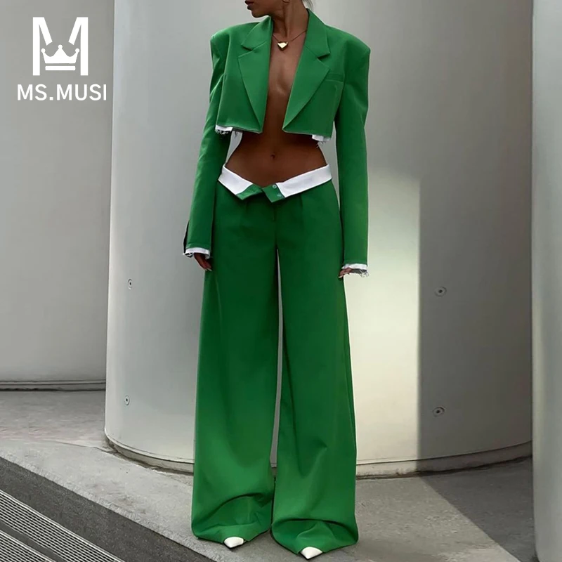 

Новинка 2023, Модный женский сексуальный однотонный комплект MSMUSI из двух предметов, облегающий блейзер с отложным воротником и длинным рукавом, расклешенный женский костюм