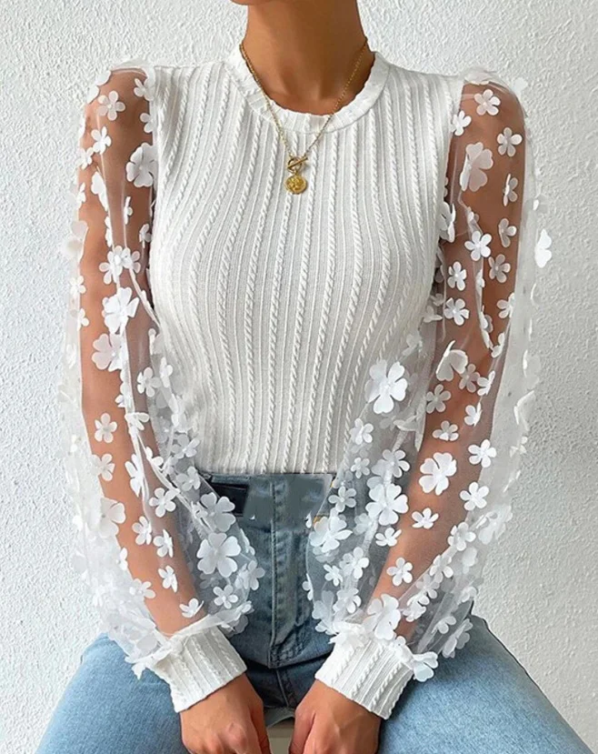 

Women's Clothes New Casual Floral Pattern Sheer Mesh Cable Textured Top Temperament Commuting Female O-Neck Fashion Blouses