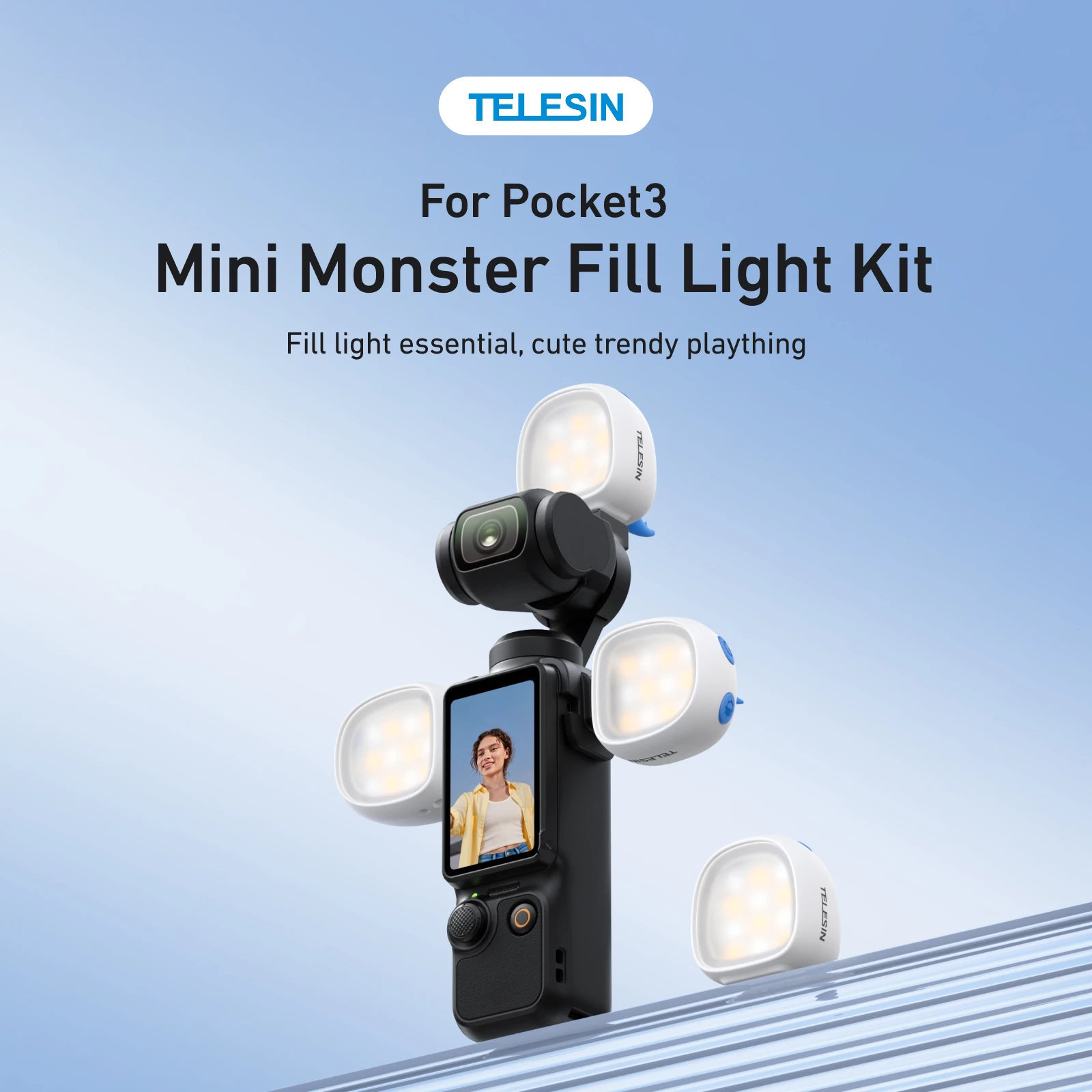 Kit Lumière Magnétique TELESIN Mini Monster pour DJI Pocket 3 détaché, montrant son support magnétique et sa batterie