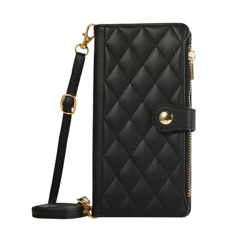 Rhombus Grid Flip Wallet Phone Case with Long Hanging Rope