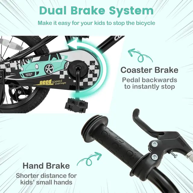 Children's 12-18 Inch Bike with Training Wheels, Pneumatic Tires, Adjustable Seat & Handlebar, Dual Brake System for Ages 3-8