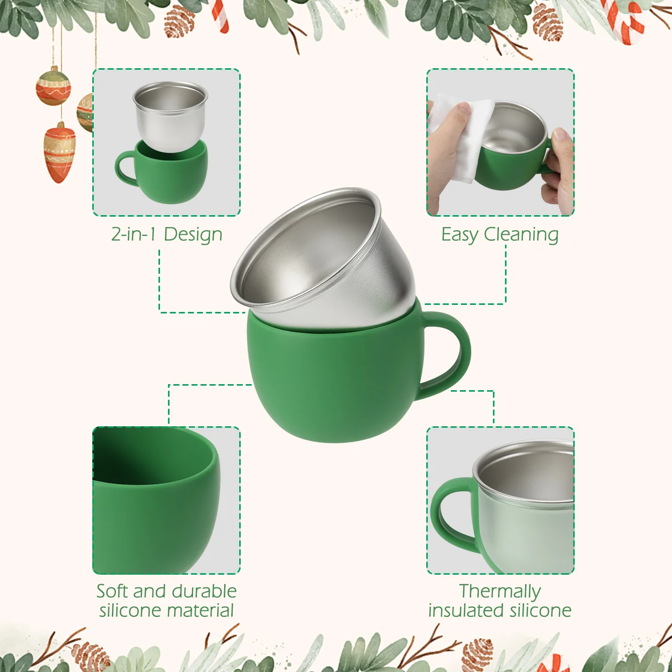 컬러 키즈 1개 단일 손잡이 급식컵 BPA 프리  스테인리스 물컵 탈착식 실리콘 액체컵 크리스마스 선물