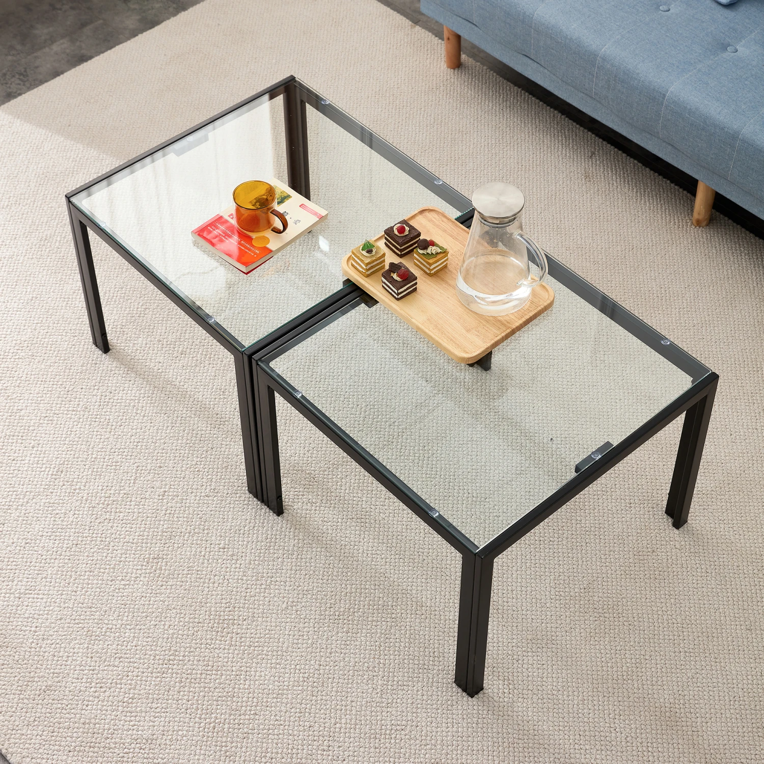 

Sleek Black Glass Coffee Table, Stylish Clear Modern Side Center Tables for Living Room, Chic Living Room Furniture