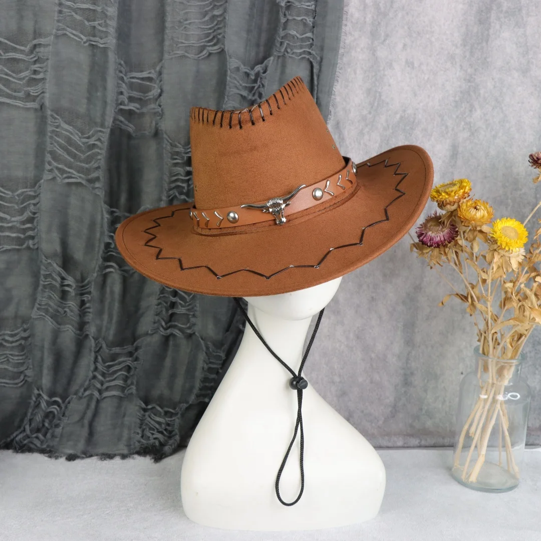 Vintage Brauner Western Cowboyhut aus Kunstwildleder mit Stichmuster (Bullenschädel & Pfeil), breiter Krempe, Unisex Cosplay Kostüm-Accessoire für Halloween – Detail 13