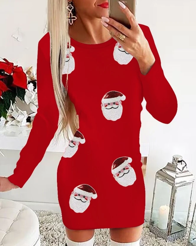 

Dress Santa Claus Pattern Contrast Sequin Skirt 2023 New Hot Selling Fashion Casual Wear