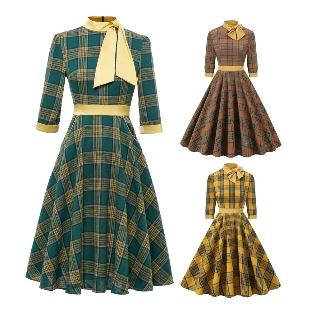 

Women Mid-length Dress Plaid Print A-line Dress with Bow Tie Half High Collar Hem Retro Midi Dress for Women Autumn Winter Women