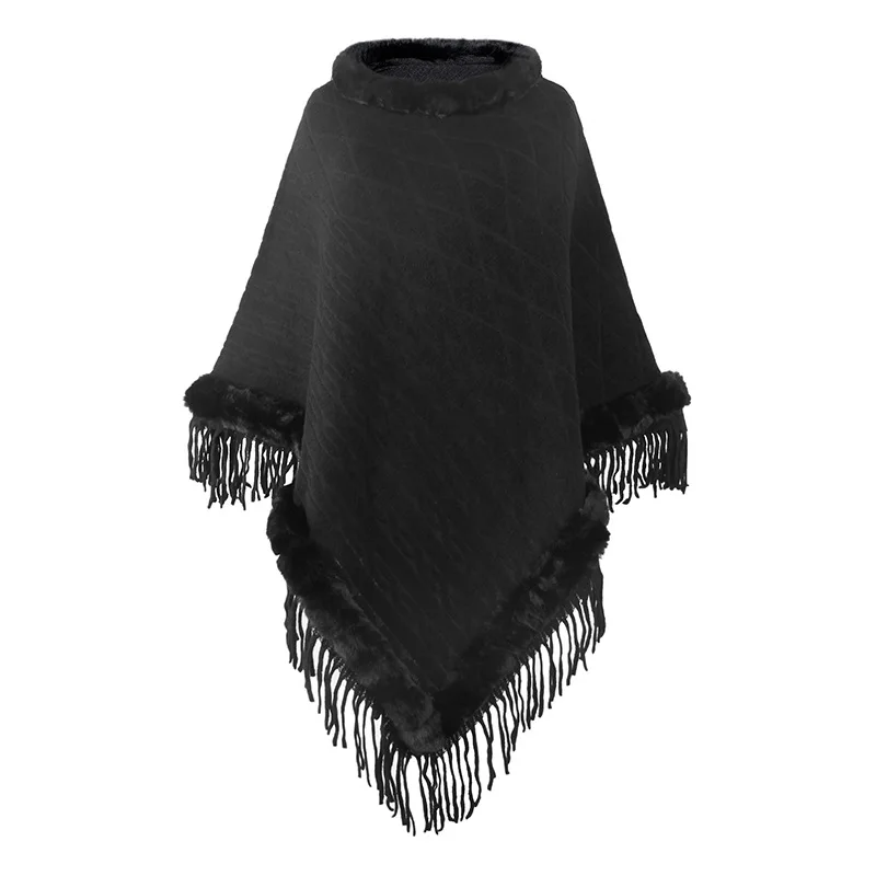 Women Warm Ladies Triangle Tassel Streetwear Overcoat Winter Big Pendulum Embossing Poncho Cloak Faux Cashmere O Fur Neck Cape