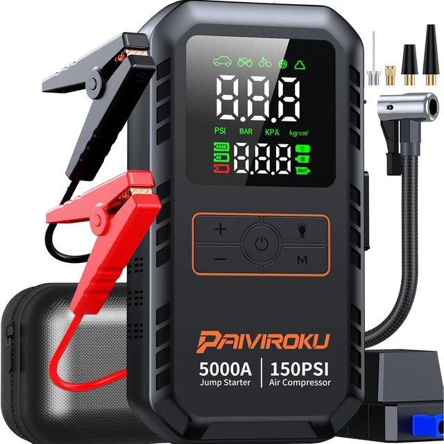 PAIVIROKU 4-IN-1 Car Jump Starter with Air Compressor 5000APeak Auto Battery Booster 150PSI Air Pump Power Bank Tire Inflator 1
