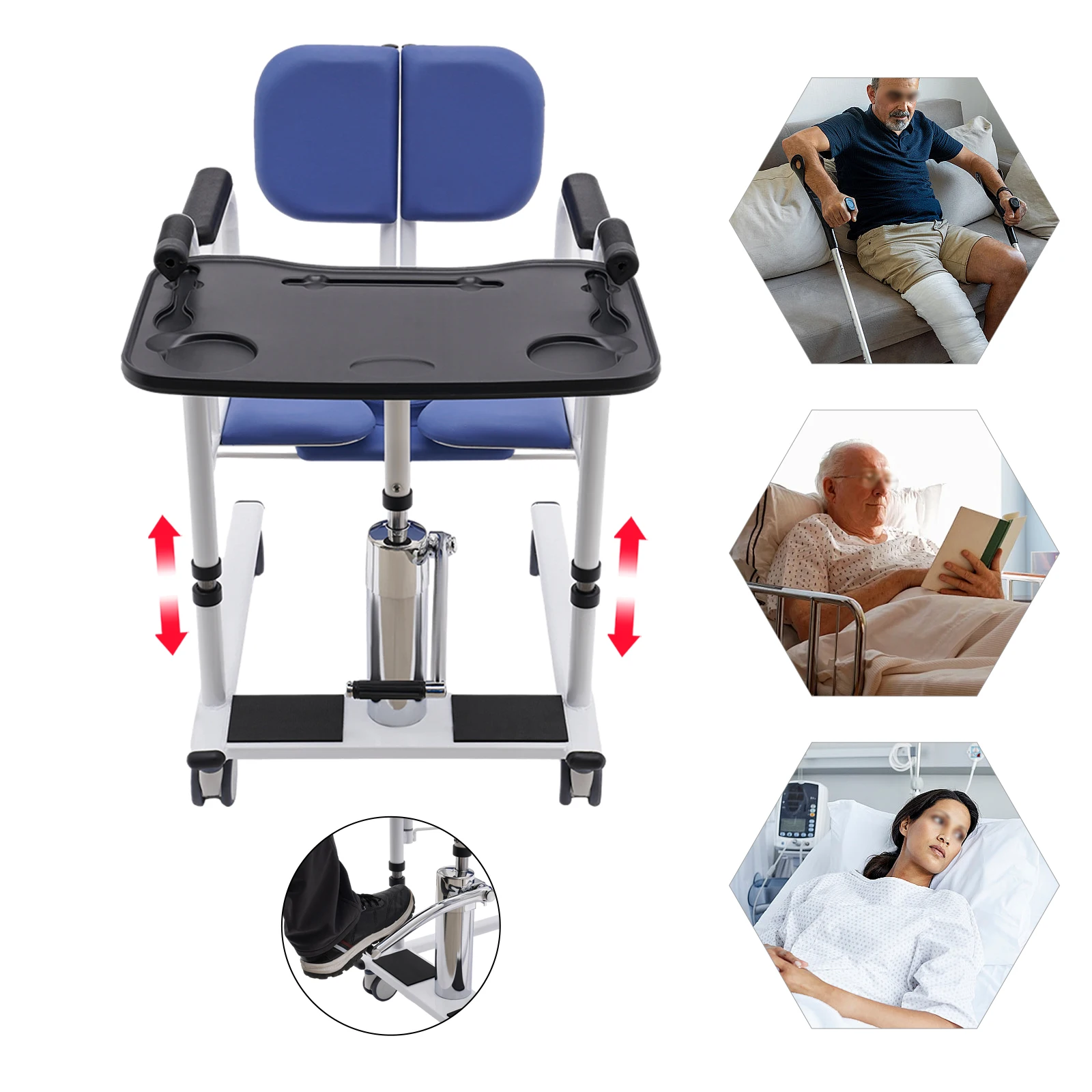 Hydraulic Patient Lift Transfer Chair, 330.7Lbs Nursing Wheelchair for Car, Aid Elderly 180° Split Seat Bathroom Bedside Commode 3