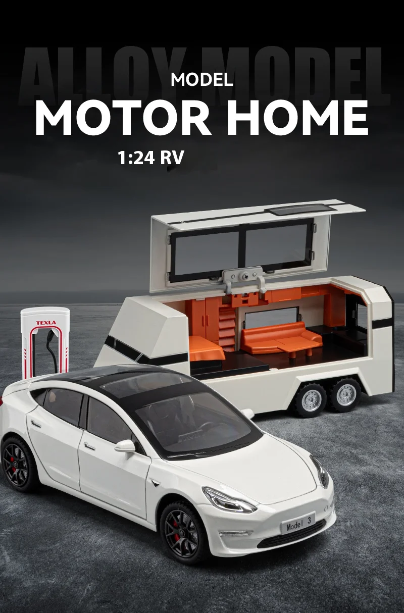 1:24 Scale Tesla Model 3 Trailer Rv Model Children'S Toy Car With Sound And Light