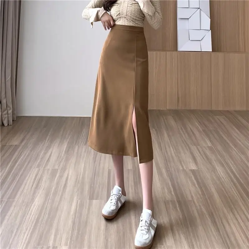 

2024 Autumn New French Hepburn A-Line Skirt Casual High Waist Thin Simple Solid Color Temperament Women Long Skirt Free Shipping