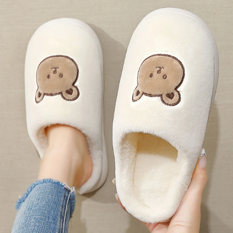 Cute Bear Cotton Slippers for Woman Winter Indoor Non-slip Slides Plush Warm Men Home Sandals Flat Shoe Couples Flip Flops — view 2