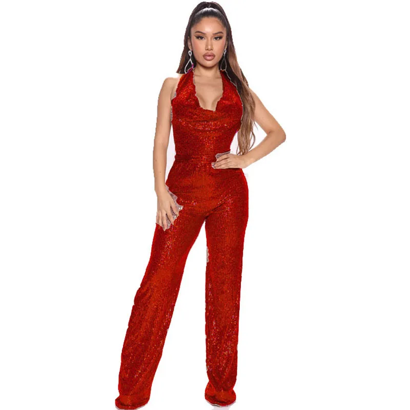 Sexy Glitter Sequin Jumpsuit Women Elegance Half Backless Nightclub Party Jumpsuits One Piece Overalls Birthday Outfits Catsuit