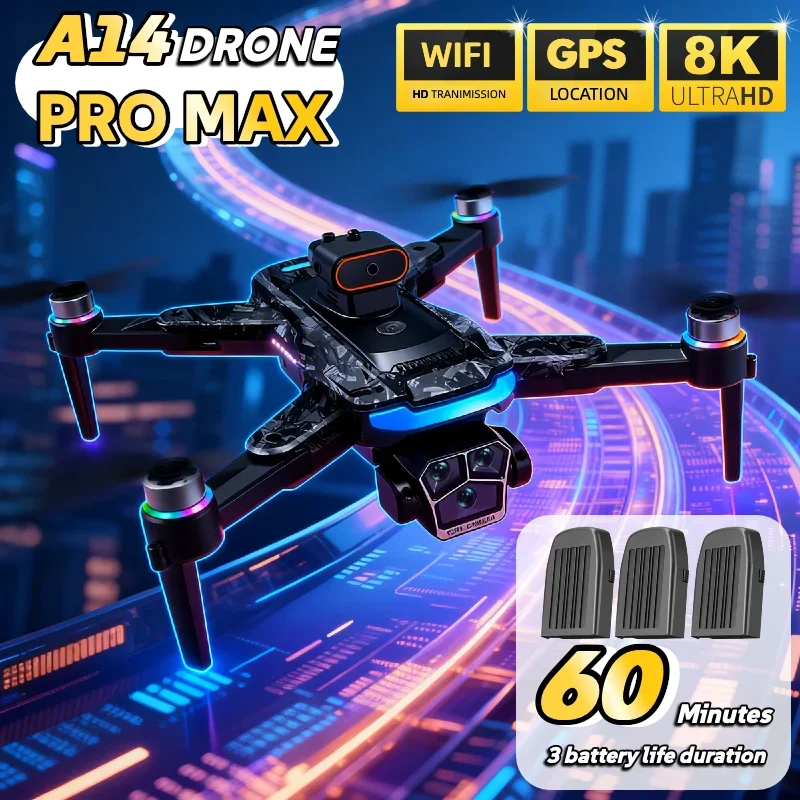 A14 Pro Max Drone con 3 batterie Brushless 8K Doppia fotocamera Evitamento ostacoli Pieghevole Quadcopter RC Schermo Distanza Drone Giocattoli - immagine 5