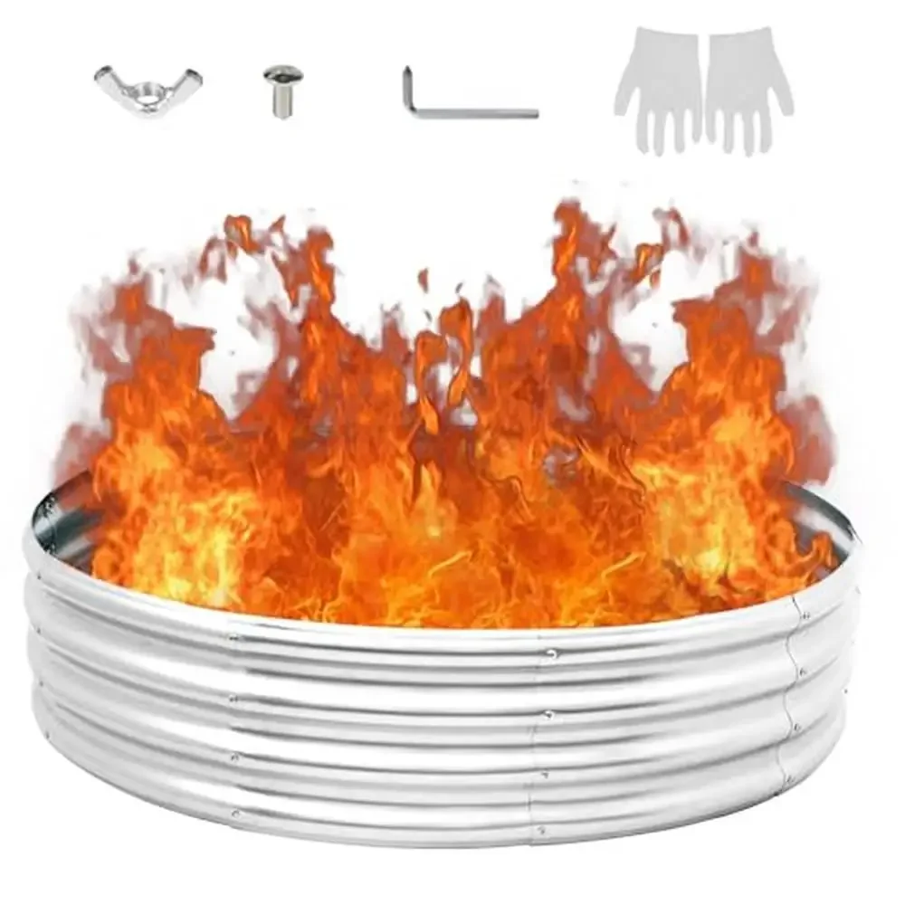 35 Inch Galvanized Steel Fire Pit Ring Metal Smokeless Round Raised Firepit Backyard Camping Outside Wood Burning Easy to