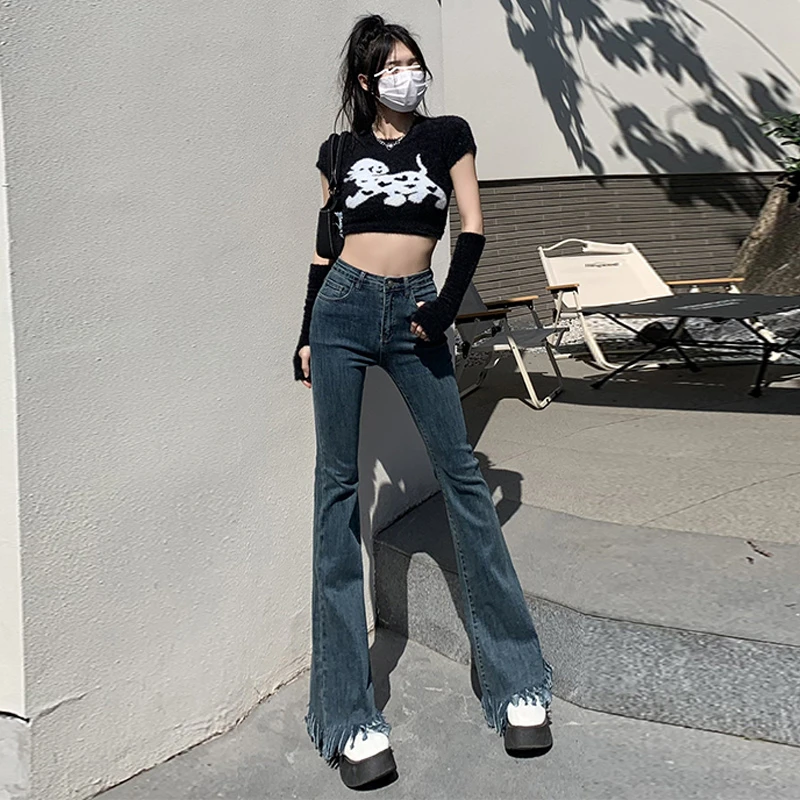 

Cowboy Jeans For Women Vintage Blue Denim Flare Pants Streetwear Mid Waist Slim Mom Trouser Harajuku Y2K Pants 2023 New Fashion