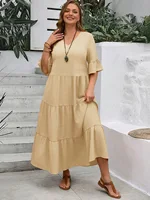 2024 Spring and Summer Amazon Europe and America New V-neck Splicing Multi color Multi size Long Swing Dress Plus Size - Image 3