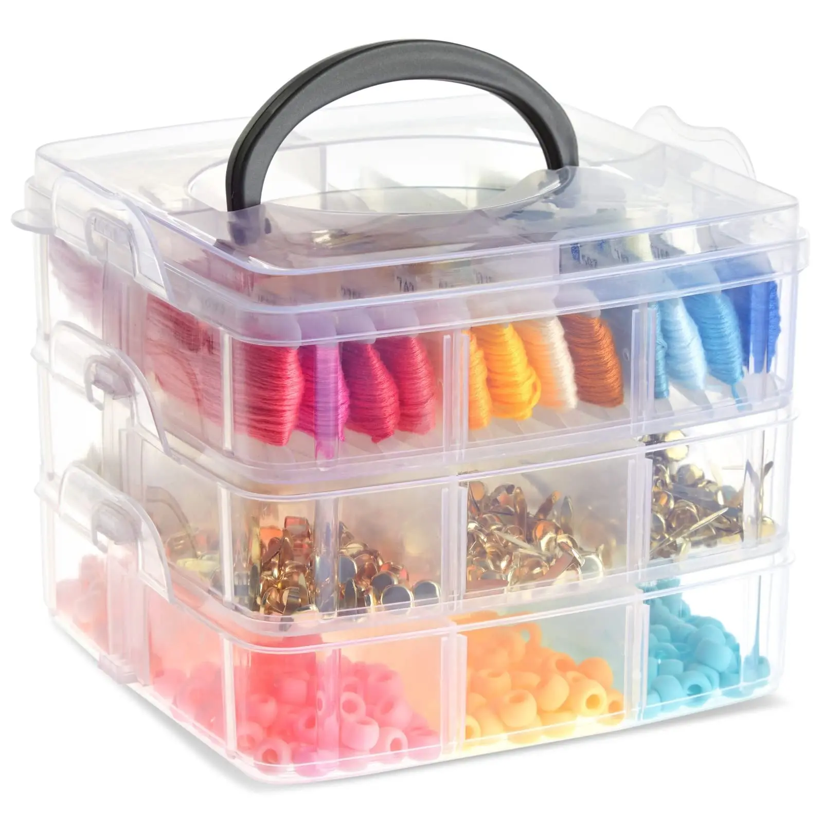 Plastic Storage Box 3-Tier Transparent Stackable Adjustable Compartment Slot Plastic Craft Storage Box Organizer Snap-lock Tray