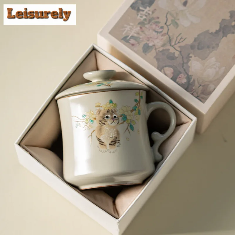 350ml Ru Kiln Yellow Cat Crescent Moon Filter Tea Separator Cup Japanese Tea Mug With Infuser Tea Soaking Office Water Cup Craft