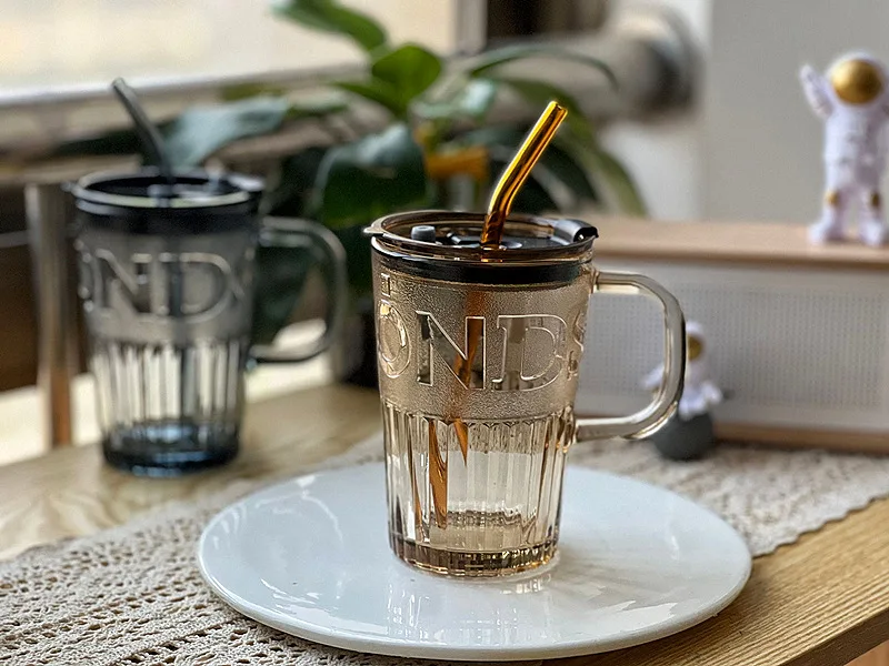 Straw With Glass Cup Coffee Cup With Handle Straw Cup Large Capacity Glass Cup With Cover 400Ml Glass Dinkware