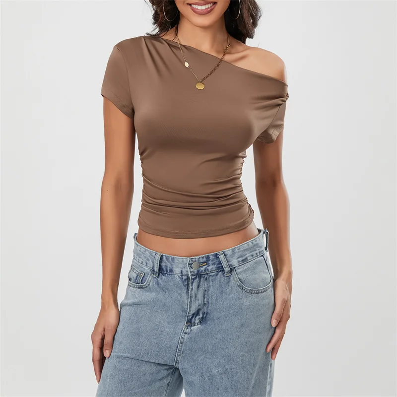 Top corto Y2K para mujer, ropa grunge de verano, camiseta fruncida sin mangas con hombros oblicuos, chaleco, ropa de calle de los años 2000