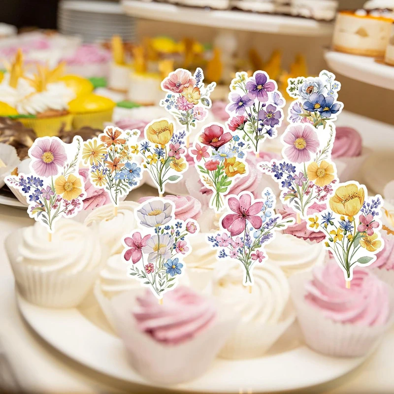 18Pcs Wildflower Cupcake Toppers Boho Floral Cake Toppers for Kids Girls Birthday Party Decoration Supplies Baby Shower Favors