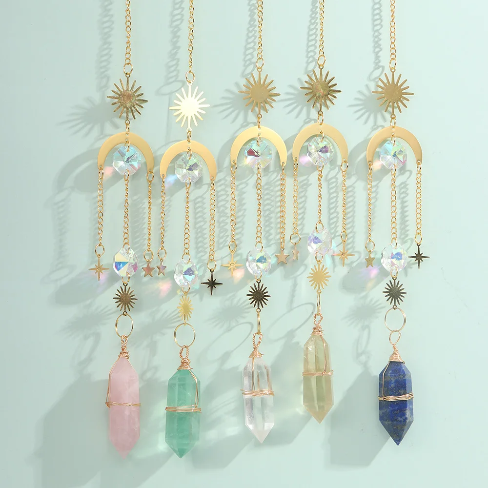 

Natural Energy Crystal Wand Wind Chime Clear Quartz Hanging Pendant Handmade Star Moon Sun Catchers Window Hanging Reiki Gift